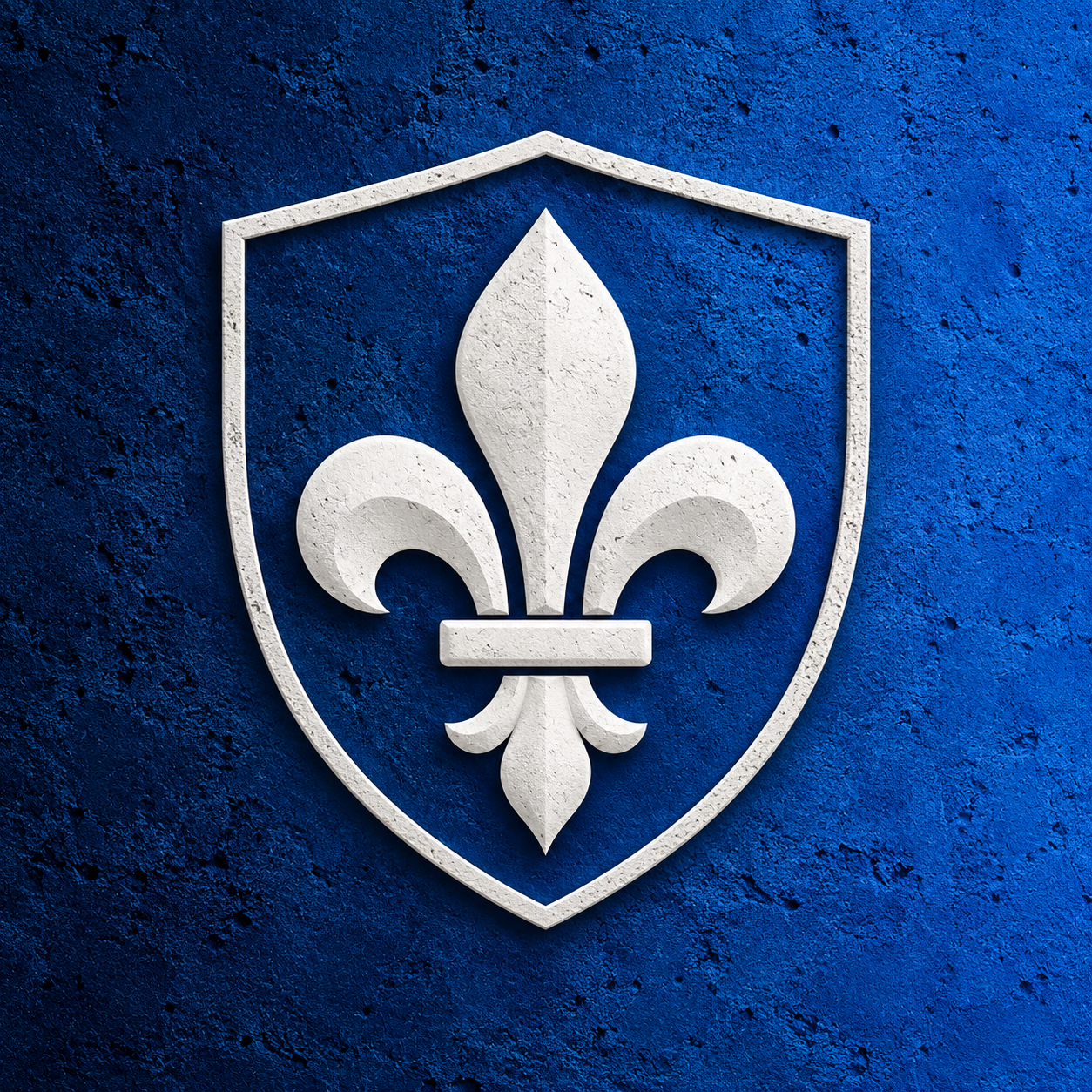 Fleur de lys blanche à l’intérieur d’un bouclier sur un fond de béton bleu.