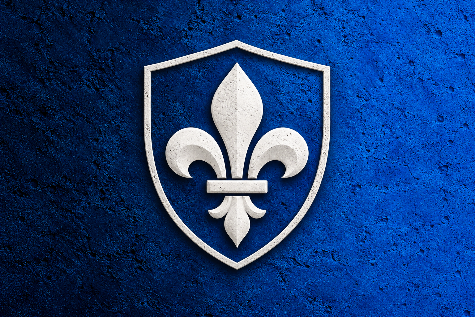 Fleur de lys blanche à l’intérieur d’un bouclier sur un fond de béton bleu.