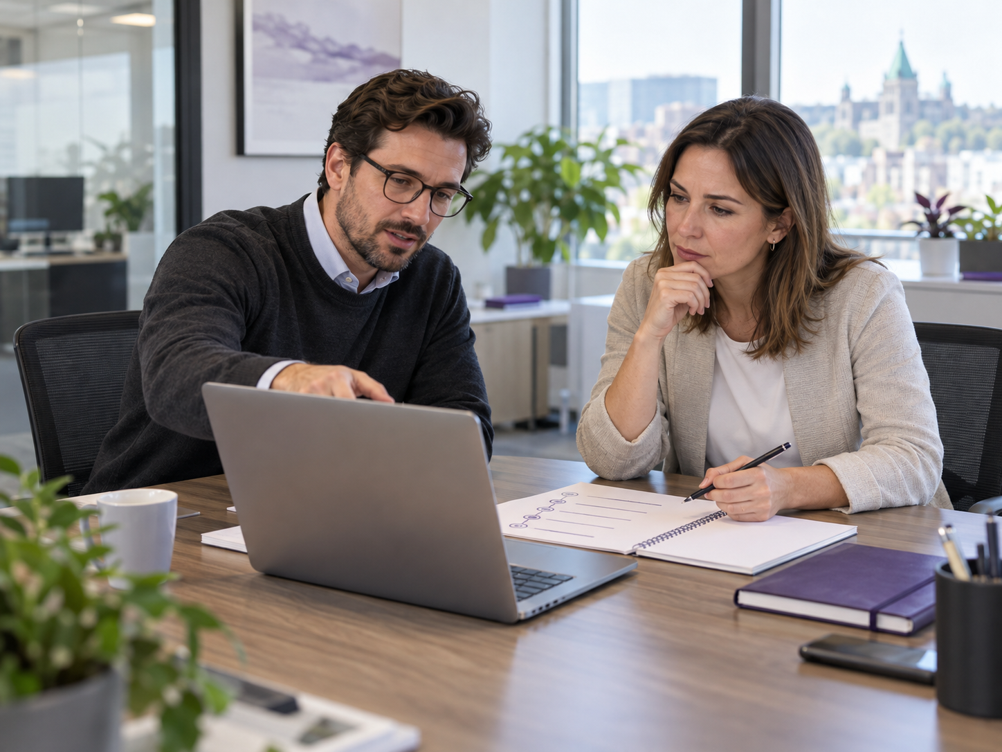 Illustration générée : préparation des interventions entre un conseiller TI et une cliente.