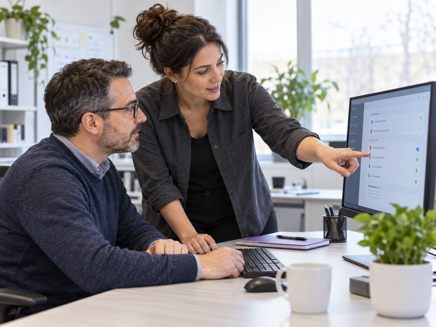 Illustration générée : accompagnement d’un utilisateur au poste de travail après une intervention.