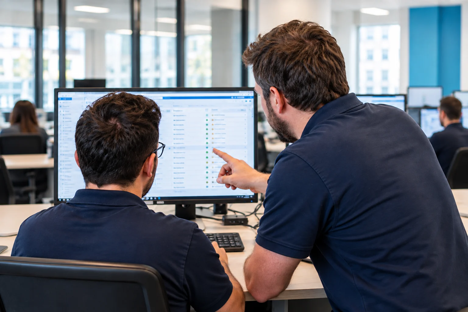 Scène illustrative de deux spécialistes travaillant ensemble sur un environnement informatique.