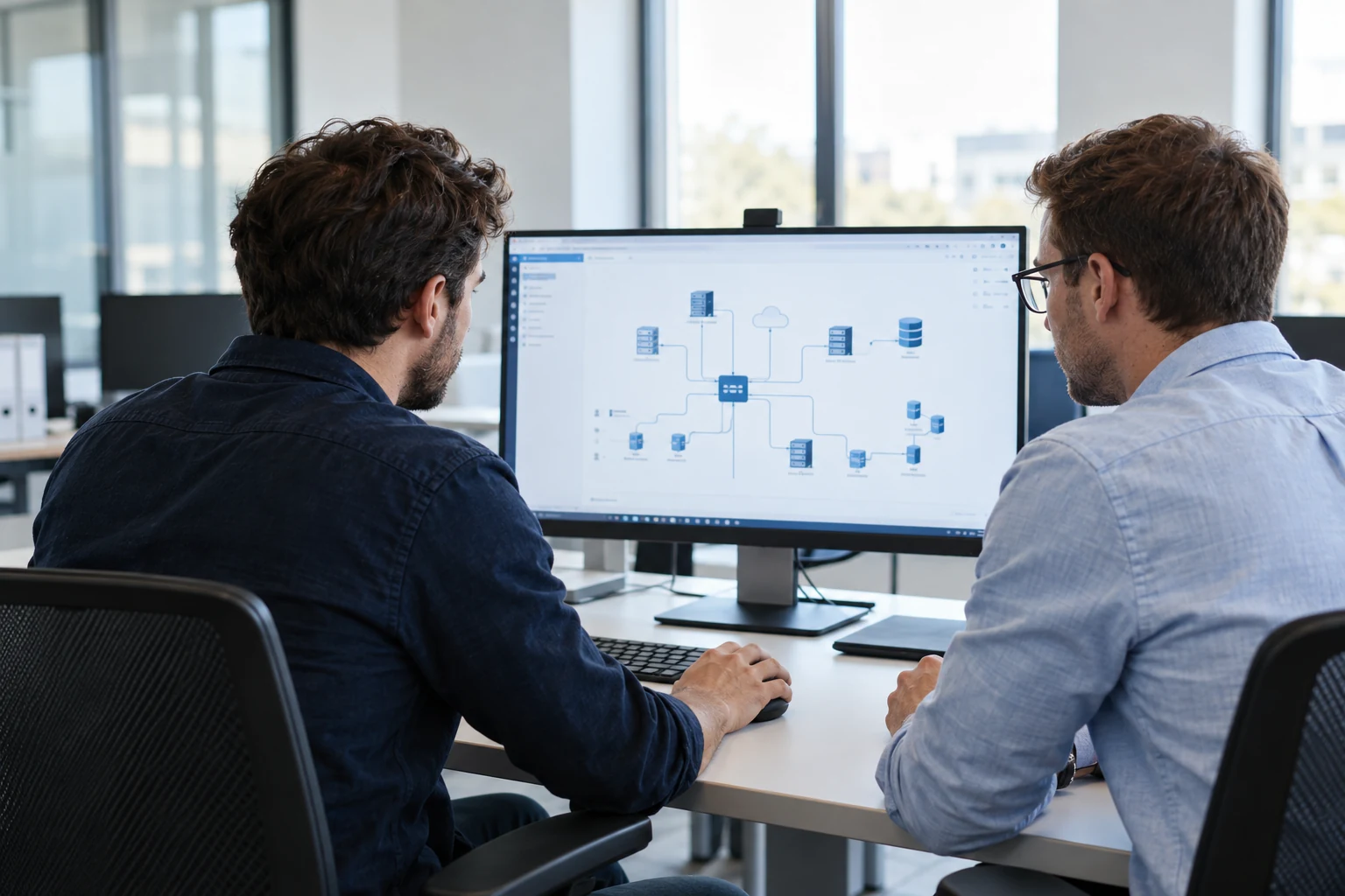 Deux spécialistes examinent ensemble un schéma d’infrastructure informatique à l’écran.