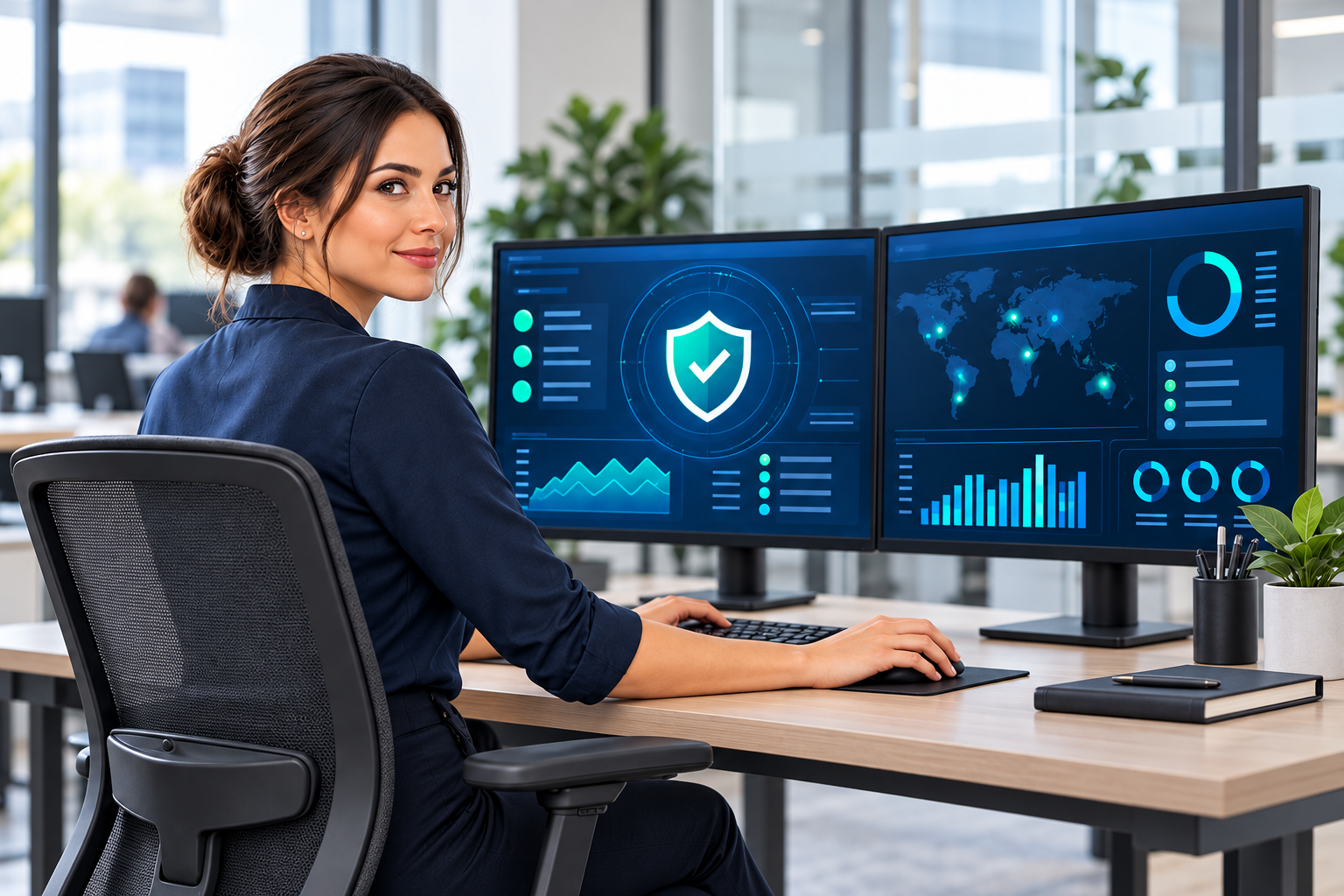 Scène illustrative d’une spécialiste devant des écrans de cybersécurité.